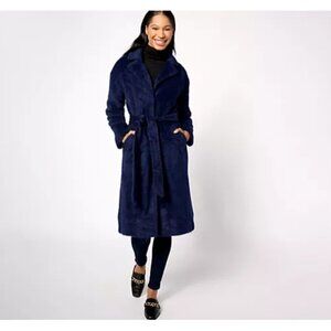 Isaac Mizrahi Women Cozy Wrap Long Coat Notched Collar Pockets Blue A624555
